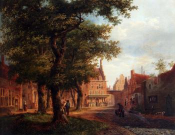 Bartholomeus Johannes Van Hove : A Village Square With Villagers Conversing Under Trees